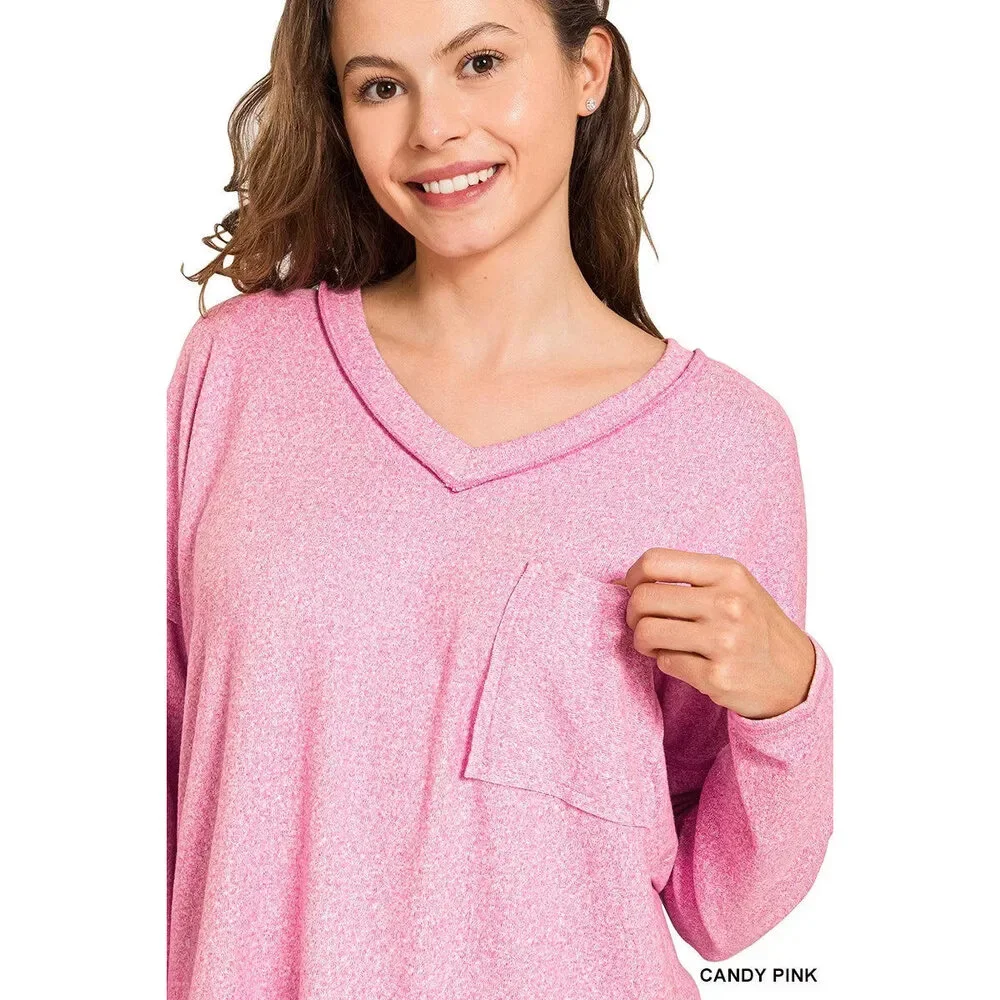 Zenana Soft Melange Hacci Exposed Seam Coin Pocket Tee